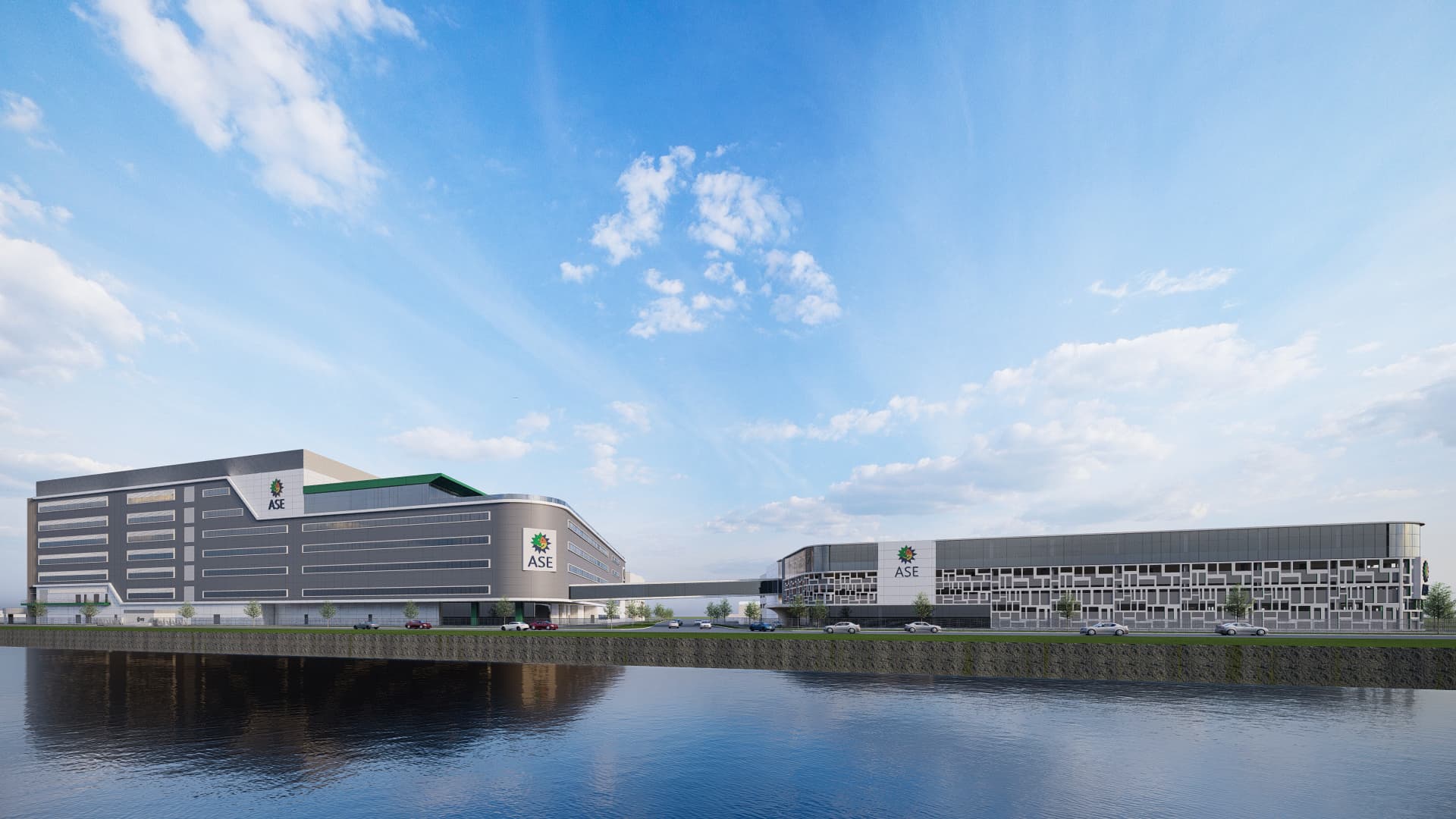 Architectural rendering of two new ASE manufacturing buildings beside a waterway